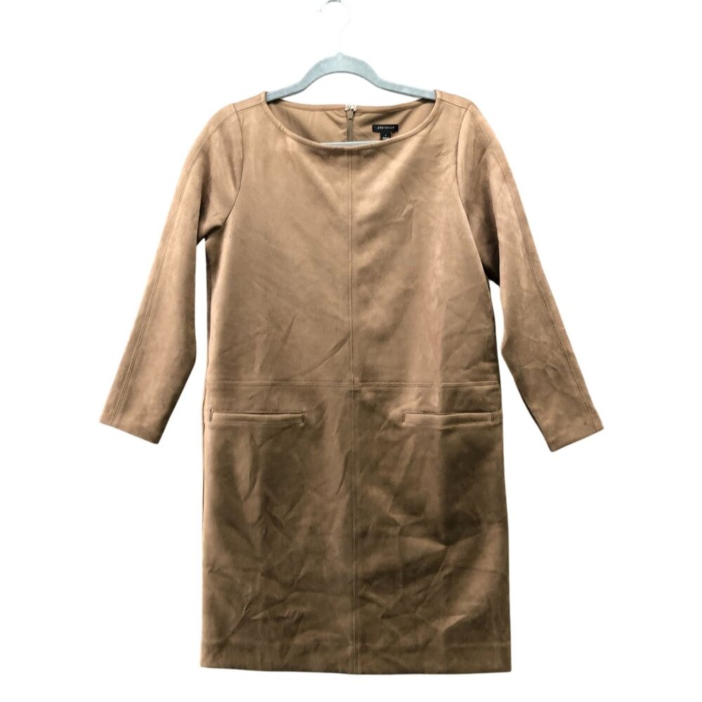 Ann Taylor Faux Suede Sheath Dress Size 4 Brown Tan Long Sleeve Stretch